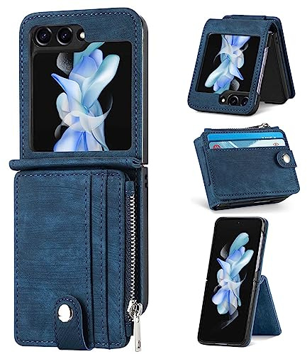 ZCDAYE Hülle für Samsung Galaxy Z Flip 5 Handyhülle mit Kartenetui,Blau | PU Leder Handytasche, Praktische Geldbörse mit Kartenhalter, Bequeme Handy Tasche Schutzhülle Elegante Klapphülle Case
