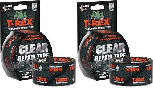 T-Rex Tape Ferociously Strong Clear Repair Tape, 48mm x 8.2m easy to tear by hand and it sticks to wet surfaces in all weather and is UV resistant (Pack of 2)