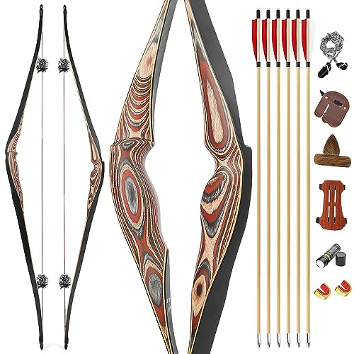 HNZMDY Bogenschießen 58 Traditioneller Recurve Bogen Jagdbogen Langbogen Handgemachte Rechte Hand Linke Hand zum Zielen auf Jugendliche und Erwachsene Bogen Set 20-55lbs (55lbs, Rechte Hand)