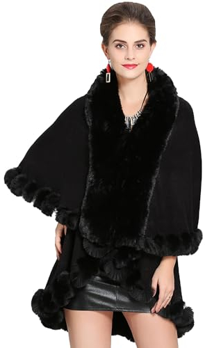 Winter Gestrickt Schal Poncho mit Kunstpelz Bananenkragen Lose Doppelte Stola Warm Überdimensioniert Pullover Cape für Damen Frauen Mom,Black,One Size