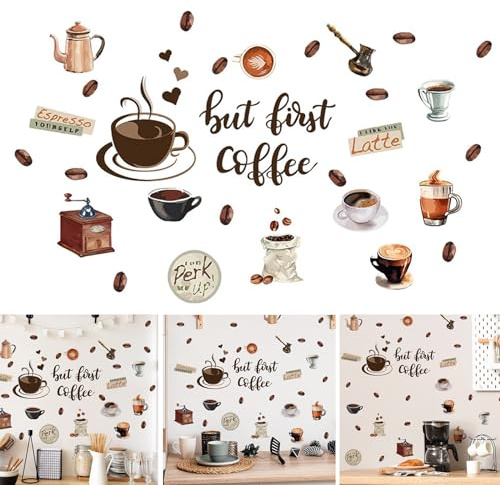 Biluer Kaffee Wandaufkleber,2PCS Wandtattoo Coffee Kaffeebohnen Wandaufkleber Braun DIY Wandsticker Küche für Küche Esszimmer Wohnzimmer Restaurant Büro Cafés Wanddeko