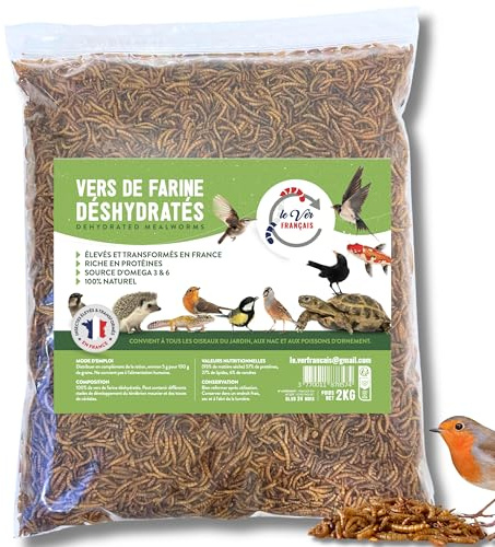 LE VER FRANÇAIS vers de Farine pour Poules 2kg - Élevés Et Séchés en France - Riche en Protéines 55% - Nourriture 100% Naturelle pour Oiseaux, Hamster et Reptiles - Complément Alimentaire Animaux