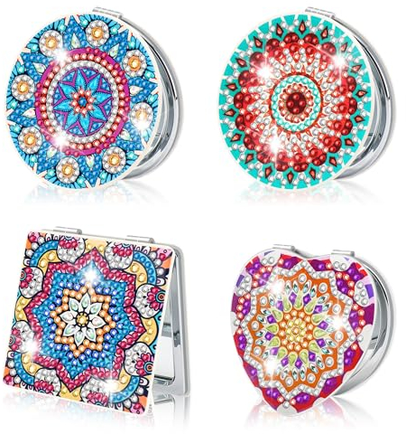 Ghope DIY Diamond Painting Taschenspiegel, 4PCS Diamant Gemälde Kompakte Spiegel Tragbarer Personalisiert Reisespiegel Faltbarer Geldbörsenspiegel für Mädchen und Frauen Geschenke