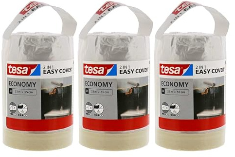 3 ROLLEN tesa Easy Cover ECONOMY Folie für Malerarbeiten - 2 in 1 Malerfolie zum Abdecken und Kreppband zum Abkleben - 33 m x 55 cm