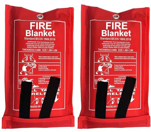 Fire Blankets Pack of 2 – Emergency Fire Safety Blanket 1m x 1m, Fireproof Fiberglass Fire Retardant Blanket with Soft Case & Loops for Kitchen, Home, Warehouse, Office, Car, Fireplace & Camping
