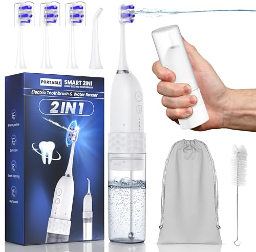Electric Toothbrush with Water flosser, 2 in 1 Teeth Cleaning Kit, Toothbrush and Water flosser Combo, 25 - Day Battery, Travel Toothbrush with Water Bottle(White)