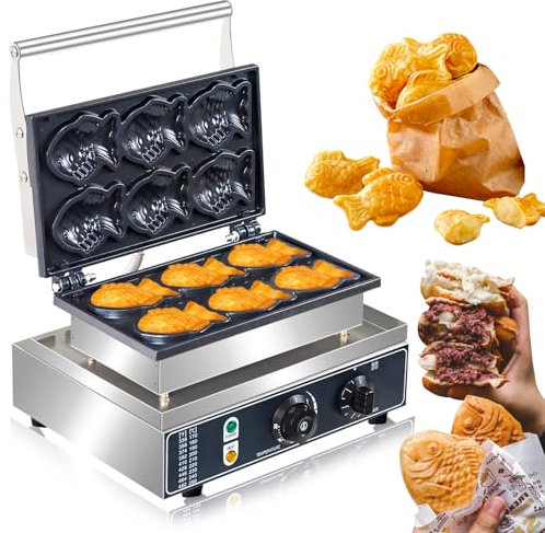 Commercial Taiyaki Fish Waffle Maker Machine,1600W Non-stick Electric Japanese Fish Shaped Waffle Cones, Stainless Steel Professional Taiyaki Machine,Making 6 Mini Closed-Mouth Fish waffles 110V