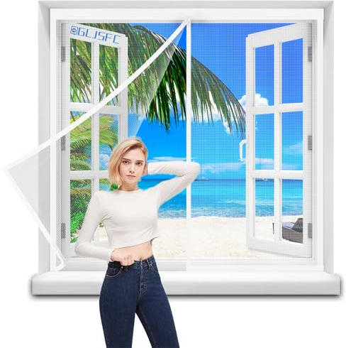 Magnetic Screen Window 175x100cm Double Door Insect Fly Mesh for Sliding Door, with Full Frame Hook & Loop, Magnetic Fastening Reinforced Flame Retardant Fabric Easy Installation White