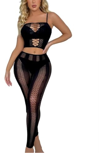 Bommi Fairy Women's Babydoll Fishnet Set 2PCS Tube Top +Hollow Out Tight Club Outfits Party wear Stretchy Bodysuit Underwear Bodystocking (Black)