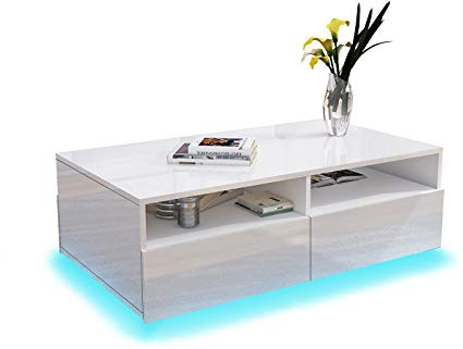 Coffee Table for Living Room, White Gloss with 4 Drawers and Led Light | 2 Open Shelves, Rectangle Centre Tea Table with Storage, Home Office Furniture