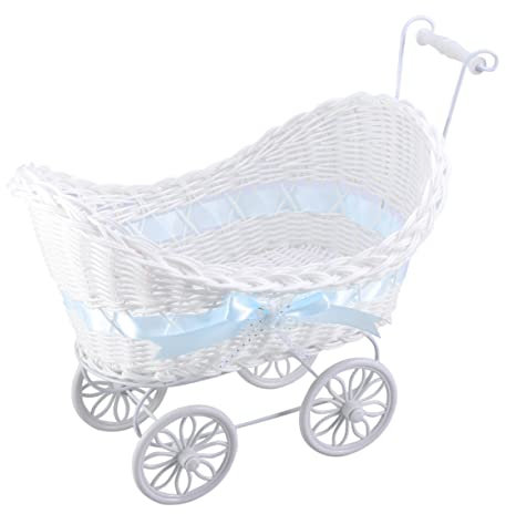 Cabilock Kleiner Dreirad Kinderwagen Aus Rohrgeflecht Dekoration Für Hochzeit Babyparty Mit Gestricktem Blumenkorb Blau