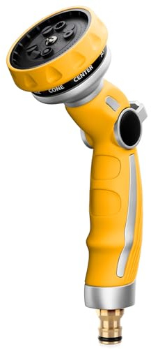 RESTMO Gartenbrause Metall, Robuste Garten Wasserspritze Heavy Duty | 9 Muster Gartenschlauch Brause zum Reinigen und Bewässern, Daumenflusskontrolle, Einhandbedienung, Gelb