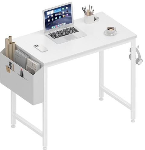 Lufeiya Small White Desk for Small Spaces, 32 Inch Kids Girls Study Writing Desks for Bedroom, Simple Modern Laptop PC Little Side Table with Storage Bag Headphone Hook, White