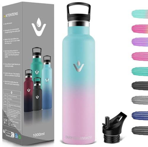 Botella Agua Acero Inoxidable, 1000ML Reutilizable sin BPA, Botella Termica, Botella Agua, Aislamiento Al Vacío de Doble Pared, Botella Gimnasio, Cantimplora Termica para Viaje, Escuela, Oficina