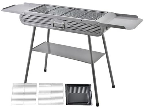 Parrilla De CarbóN Grande De Mesa + 2 Rejillas Para Parrilla Y 1 Plancha, Parrilla De Barbacoa Plegable Con 3 Tablas De Almacenamiento, Rejilla Para Parrilla 77 X 30Cm, Para 5-8 Personas