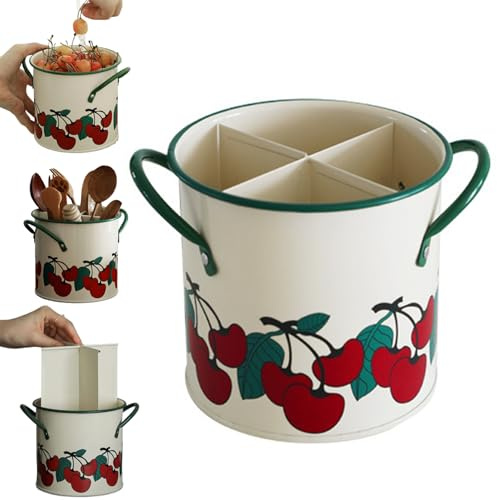 Porta di utensili da cucina a 4 vasini per vasini, cucchiaio e forcella con manico a maniglia Organizzatore di utensili in metallo galvanizzato cinese vintage, griglia di asciugatura, cucchiaio e for