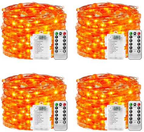 plainshe Batterie-Lichterkette, 4 Stück, Orange, 10 m, 100 LEDs, Kupferdraht, 8 Modi, Fernbedienung, Timer, wasserdichte Lichterkette, batteriebetrieben, Weihnachtsdekoration für drinnen und draußen