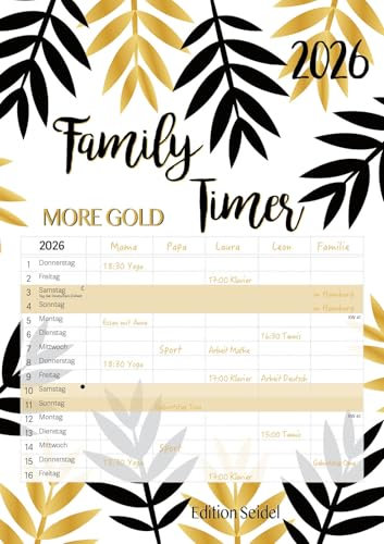 Edition Seidel Planificador familiar premium More Gold XL 2026, formato DIN A3, calendario familiar, calendario familiar, calendario de pared, 5 columnas