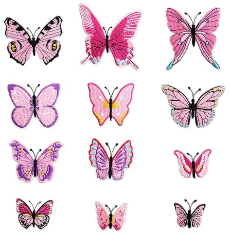 JURENEE 12 Stück Rosa Schmetterling Patch, Polyester Material Schmetterling Aufnäher, DIY Schmetterling Aufbügler, Aufnäher zum Aufbügeln, Zart und Großzügig, Geeignet Kleidung, Hüte Reparatur (Rosa)