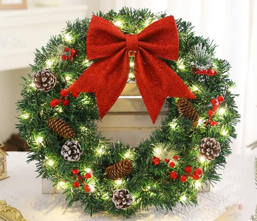 Christmas Wreath for Front Door with Red Bow Xmas Wreath Decorations for Window Wall Fireplace (60CM with Light)