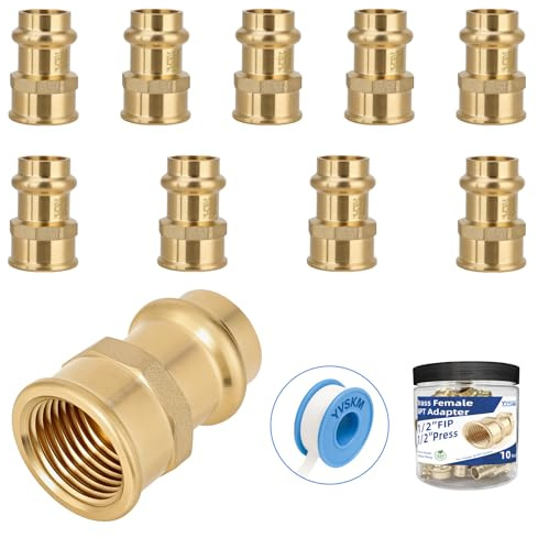 (10-Pack YVSKM) Press Fittings 1/2 Press × 1/2 Female NPT Adapter, Lead-Free Brass, for Copper Press Pipe to Threaded Plumbing Connections