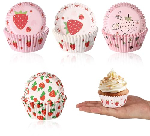 100uds Fresa Capacillos para Cupcakes, Dulce Fresa Temática Capacillos para Cupcakes Papel con Caja de PVC Almacenamiento Transparente por Muffins Bocadillos y Postres Envoltorios Decoraciones