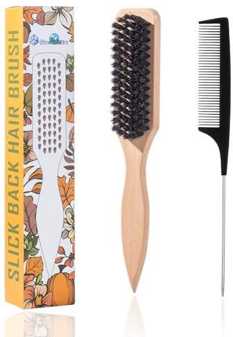 BlueForest Era Slick Back Hair Brush, Boar Bristles Smoothing Hair Brushes & Black Rat Tail Comb, Natural Wooden Hair Brush for Men Women, Soft & Hard Bristles Brush for Hair Smooth Flyaways