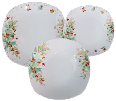 Omniacasa Pungiquadro – Vajilla navideña de 18 piezas de porcelana brillante, forma cuadrada con decoración de punzón, para 6 personas, lavavajillas y microondas, idea de regalo elegante para la mesa