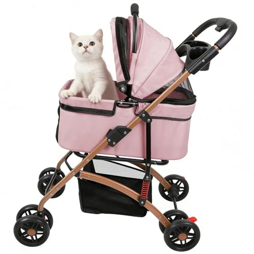 Upgrade-Kinderwagen, faltbar, 4 in 1, für Hunde, Haustiere, 4 drehbare Räder, mit Fenster aus Netz, abnehmbarer Tierträger, Bremse, Regenschutz, Korb zur Aufbewahrung (Rosa)