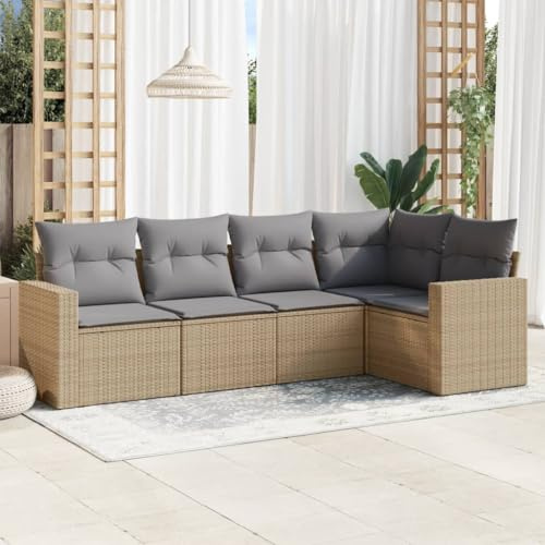 Owoxanthellate Gartenlounge 5-teiliges Beige Poly-Rattan Sofa Set mit Stauraum 62 x 62 x 69 cm UV-stabile Sofagarnitur wetterfestes Outdoor Möbel für Balkon Terrasse und Wintergarten