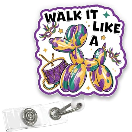VOTANTA - Balloon Dog Mardi Gras Badge Reel, Cute Walk Like a Dog Mardi Gras Nurse Acrylic Retractable Badge Holder with Clip, Fat Tuesday Holday ID Holder Gifts for Nurse Doctor Medical Work Student
