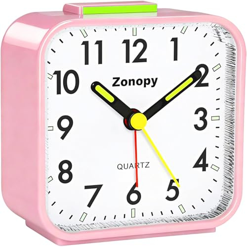 Zonopy Reloj despertador analógico silencioso con luz nocturna, funciona con pilas, alarma fuerte, repetición, pantalla brillante, diseño portátil, para volver a la escuela