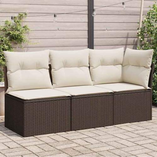 QUAHEAS Gartensofa mit Kissen, 3-Sitzer Braun Poly Rattan, Modulares Loungesofa für Terrasse und Balkon, Bequeme Outdoor-Sitzgruppe mit Stauraum