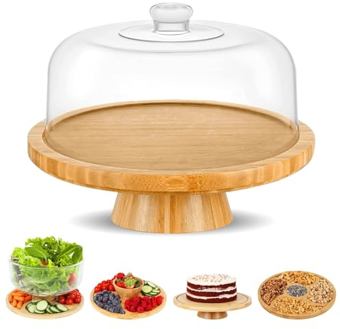 LOMUG Cake Stand, 6-in-1 Multifunctional Cake Plate with Lid, Bamboo and Wood Cake Stand with Base, Cake Bell for Kitchens and Parties