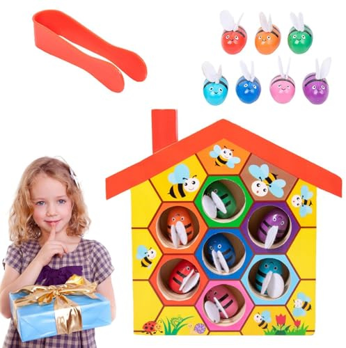 Hnsphui Wooden Bee Hive Toy, Wood Color Sorting Puzzle Fine Motor Skill Toy, Preschool Learning Puzzle, For Fine Motor Development, Hand Eye