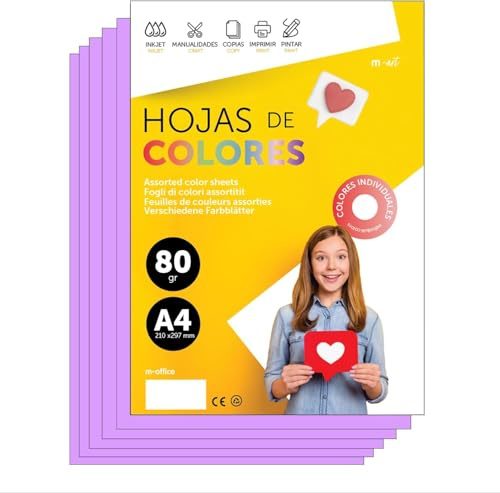 Folios De Colores A4 80g Para Impresoras y Manualidades · m-office (100h, Lila)