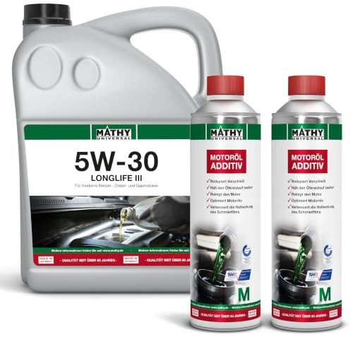 MATHY Ölwechsel-Set SAE 5W-30 Longlife III, Motoröl M Additiv | Motorenöl-Wechsel-Set mit 5 Liter SAE 5W-30 Motoröl mit 1 Liter (2 x 500 ml) Motorenöl-Zusatz und 500 ml Messbecher gratis