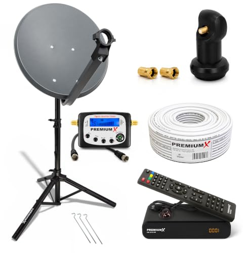PremiumX Camping Mobile Satelliten-Komplettanlage 45cm Antenne Single LNB TV Kabel Dreibein-Stativ HD Receiver Sat-TV-Signalfinder