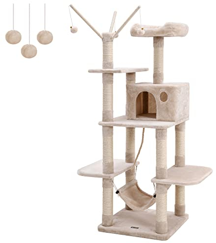 FEANDREA Árbol para Gatos, Rascador con Nidos, Hamaca, Plataformas y Bolas de Juego, 154 cm, Colores Opcionales, Beige PCT86M
