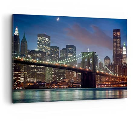 Wandbilder Dekoration Wohnzimmer Brooklyn brücke nacht new york city Bilder auf Leinwand 120x80cm Leinwandbild Schlafzimmer Deko Wand Kunstdruck Art Groß XXL Wanddeko Bild Decor Canvas AA120x80-0512