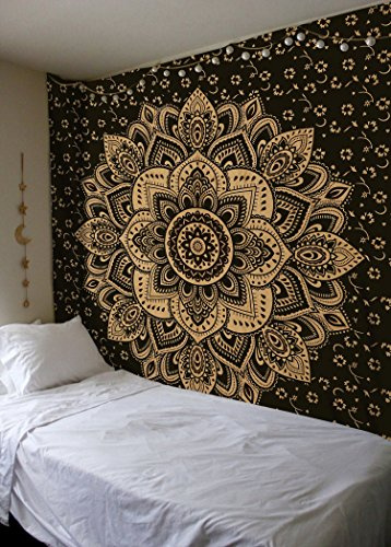 Madhu International Mandala Tapestry Cotton | Indian Hippie Dorm Bohemian Psychedelic Peacock Mandala | Wall Hanging, Beach Throw, Bedsheet, Table Cover, Yoga Mat | Twin (Black-Gold, 54 x 82 Inch)