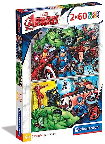 Clementoni 21605 Supercolor The Avengers – Puzzle 2 x 60 Teile ab 4 Jahren | buntes Kinderpuzzle mit besonderer Leuchtkraft & Farbintensität, Geschicklichkeitsspiel für Kinder
