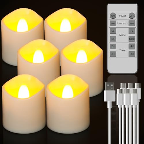 Ymenow LED Teelichter Wiederaufladbar mit Timer Fernbedienung, 6 Stück | Teelichter LED Aufladbar, Elektrische Akku LED Kerzen Flackernde Flamme mit Timerfunktion, 3,9*4,3cm für Zimmer Deko