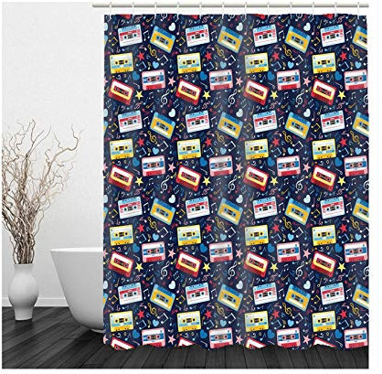 KnSam Tenda da doccia, cassetta audio, note musicali, decorazione per il bagno, in poliestere, decorazione moderna, per il bagno, 65 x 71 pollici