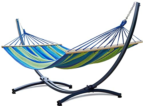 Potenza Outdoor Hängematte mit Gestell für 2 Personen I Stabhängematte XXL 220x160, 200kg I Hängemattengestell 220kg Wetterfest (Grün-Blau, Basic Gestell Graphit)