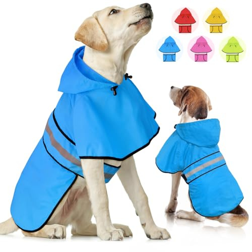 Weesiber Hunderegenmantel, Reflektierender Hund Regenmantel mit Leinenloch, wasserdichte Regenjacke Hunde Verstellbarer Hundeponcho Mit Kapuze (XL, Blau)