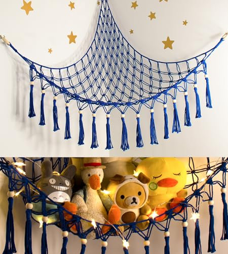 Stuffed Animal Toy Storage Hammock with LED Light-Macrame Jumbo Doll Room Organizer Mesh Decoration-Hanging Storage Nets Kids Bedroom(Blue Beads)