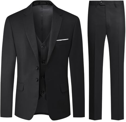 Allthemen Mens 3 Piece Suits 2 Button Blazer Vest Trouser Black 3XL