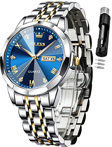 OLEVS Watch for Men Diamond Business Dress Analog Quartz Stainless Steel Waterproof Luminous Date Two Tone Luxury Casual Wrist Watch Blue Men
