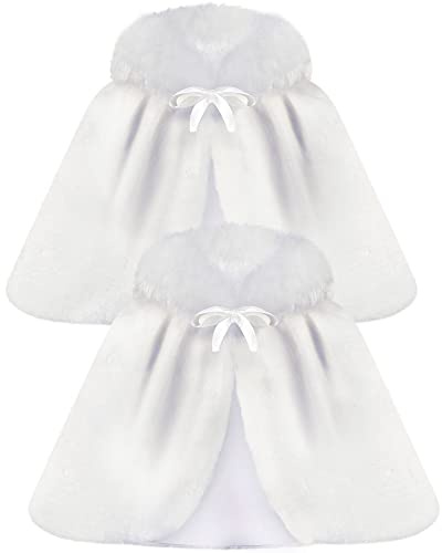 Taiyin 2 Pcs Flower Girls Wrap Shawl Faux Fur Girls Princess Shoulder Cape Wedding Bridesmaid Tippet Stole Faux Fur Bolero Shrug for Wedding Birthday Costume Party Evening Dress up White